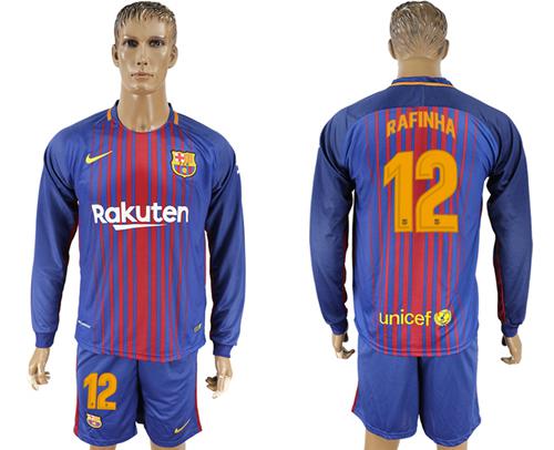 Barcelona #12 Rafinha Home Long Sleeves Soccer Club Jersey